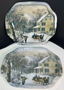 Currier & Ives "Homestead Winter" Decorative Metal Snack Trays (2) 7 5/8" Long - Picture 1 of 4