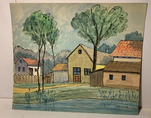 HUNGARIAN Artist MIKLOS KOMLOS Signed ORIGINAL VILLAGE HOUSES RIVER Watercolor - Picture 1 of 6