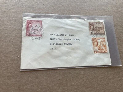 Malta 1959 Cover to US +Tri-Color Franking QEII SG#267+271+272 =5.5d Rate - Image 1 of 2