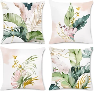 Tropical Leaf Cushion Covers Set of 4 | Soft Velvet 45x45 cm | Green Pink Decor - Picture 1 of 6