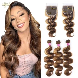 P4 27 Highlight Bundles With Closure Body Wave Bundles Remy Human Hair Free Part - Picture 1 of 6