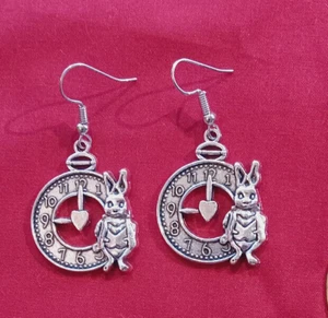 Steampunk Alice in Wonderland White Rabbit & Watch Silvertone Dangle Earrings - Picture 1 of 10