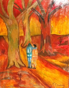 Vintage expressionist oil painting forest landscape couple portrait signed - Picture 1 of 12