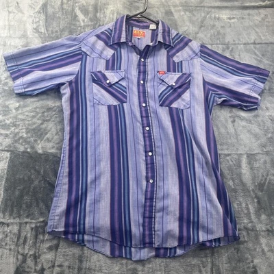 Ely Plains Vintage Western Striped Pearl Snap Short Shirt L Fly Landman Purple - Image 1 of 4
