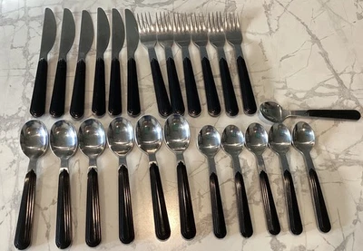 24 шт. ДЖАЗОВАЯ ЧЕРНАЯ ПЛАСТИКОВАЯ РУЧКА ИЗ НЕРЖАВЕЮЩЕЙ СТАЛИ СТОЛОВЫЕ ПРИБОРЫ - ПРЕКРАТИТЬ СДЕЛАНО В КОРЕЕ - Изображение 1 из 4