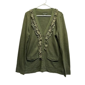 Vtg Eddie Bauer Cardigan Button Sweater Women L Olive Green Beads Ruffle Boho - Picture 1 of 9