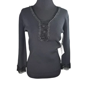 Joseph A Vtg Small Womens Black VNeck Sweater Top Crochet Accents Fairygoth NWT - Picture 1 of 11