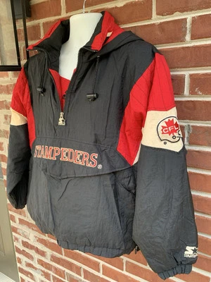 Vintage 90s Starter CFL Calgary Stampeders Pullover Hoodie Puffer Jacket S Black - Image 1 of 4