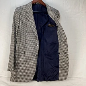 Vintage Bijan Gingham Blazer Sport Coat Made in Italy 1973 Navy Beige Size L - Picture 1 of 10