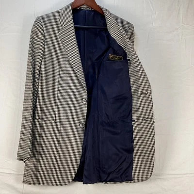 Vintage Bijan Gingham Blazer Sport Coat Made in Italy 1973 Navy Beige Size L - Image 1 of 4