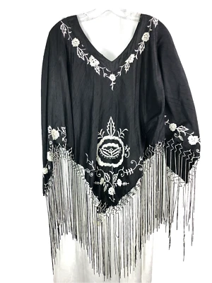 NWT Adrienne Landau Embroidered fringe beach cover-up silk poncho cape - Image 1 of 3