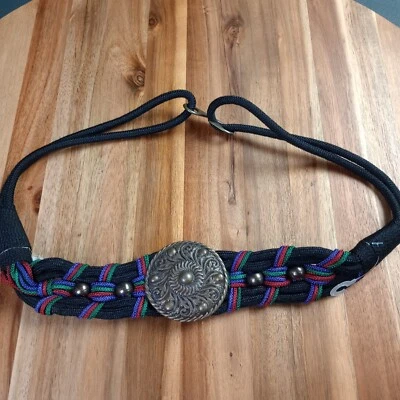 Vintage 80s Braided Cord Belt Size Medium Large Black Chunky Medallion Macrame - Image 1 of 4
