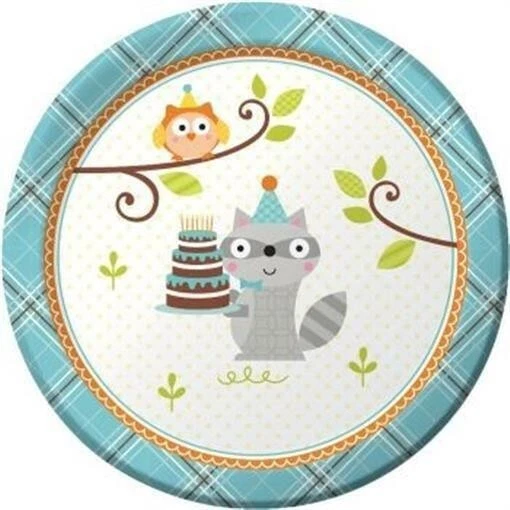 Happy Woodland Boy Dessert Paper Plates 8 Pack Owl Raccoon Birthday Tableware - Image 1 of 1