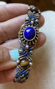 Isha Elafi Blue Lapis/Tiger Eye Hand Knot Work Macrame Bracelet SCARCE HTF SEE - Picture 1 of 14