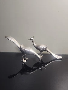 Set Of 1960s Mid-century Pair of Silver Toned Hollow Metal Peacock Figurine 6x4" - Picture 1 of 11