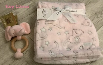 Baby Girl Pink Elephant & Stars Blanket Soft Wrap & Wooden Rattle Toy Gift Set - Image 1 of 4
