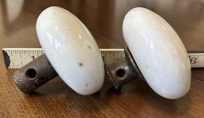 2 VTG Antique Doorknobs Porcelain White Speckled Brown Glass Round Parts Replace - Image 1 of 4
