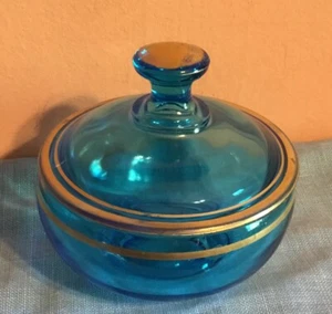 Beautiful Vintage Blue Glass Candy Dish Lid & Bowl With Gold Stripes - Picture 1 of 9