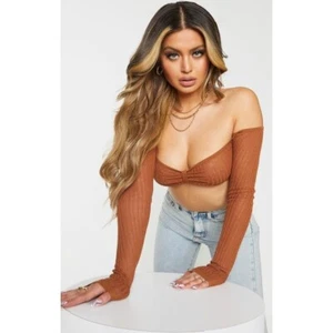 NWT PRETTYLITTLETHING RUST SHEER KNIT BARDOT TWIST FRONT TOP - Size Small - Picture 1 of 7