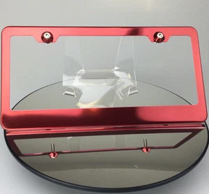 Candy Red Frame Holder License Plate Tesla w/ Aluminum Circle Type Screw Caps - Picture 1 of 9