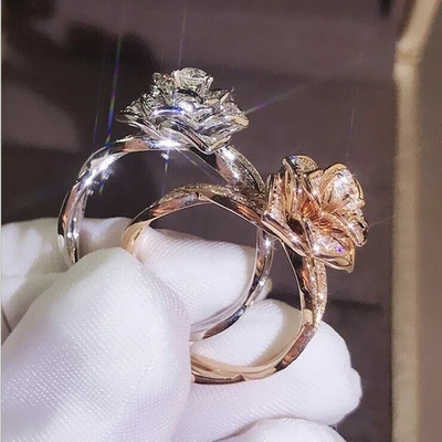 Lindo anel de flores de safira artificial branca joias de noivado de casamento femininas - Imagem 1 de 4