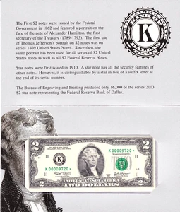 Dallas 2003 $2 FRN *STAR* con sobre BEP, poco 16 k de colección #K00009720* - Imagen 1 de 2