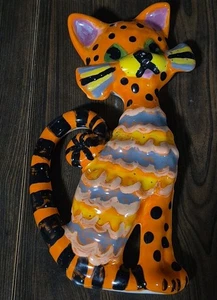 Ceramic Orange White & Black Spotted Striped Cat Wall Hanging Art Deco Kitsch - Picture 1 of 7