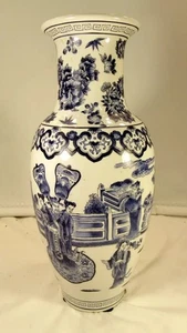 VINTAGE GRANDE VASO ASIATICO CINESE DIPINTO A MANO BLU E BIANCO URNA 16-1/2" (87870) - Foto 1 di 7