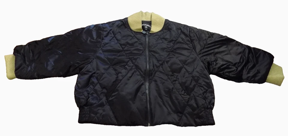 Chanel Black Satin Quilted Puffer Bomber Cropped Jacket Gold Mandarin & cuffs 36 - Image 1 of 4