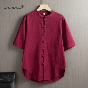 Camisa Retro Para Hombre Verano Algodón Lino Top Nuevo Estilo Chino Camisas Mangas Cortas - Imagen 1 de 23