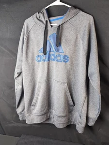 Sudadera con capucha gris Adidas con logotipo de 3 tiras azul XL cordones calentador de manos - Imagen 1 de 9