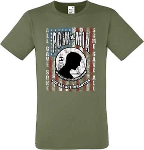 T Shirt IN Olive Tone Military Veterans Army & Pow Mia Motif Model Flag - Bild 1 von 3