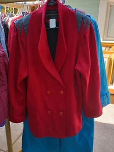 Vintage Red Wool Peacoat, with Black Leather Accents, size 8 - Picture 1 of 11