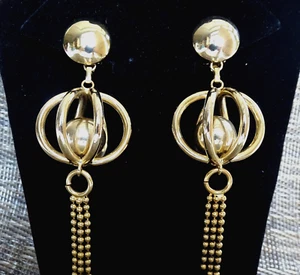 PENDIENTES RETRO 4" COLGANTE GOTA Bola Redonda JAULA Clip-On Tono Dorado MODERNISTA ¡Bonitos! - Imagen 1 de 14