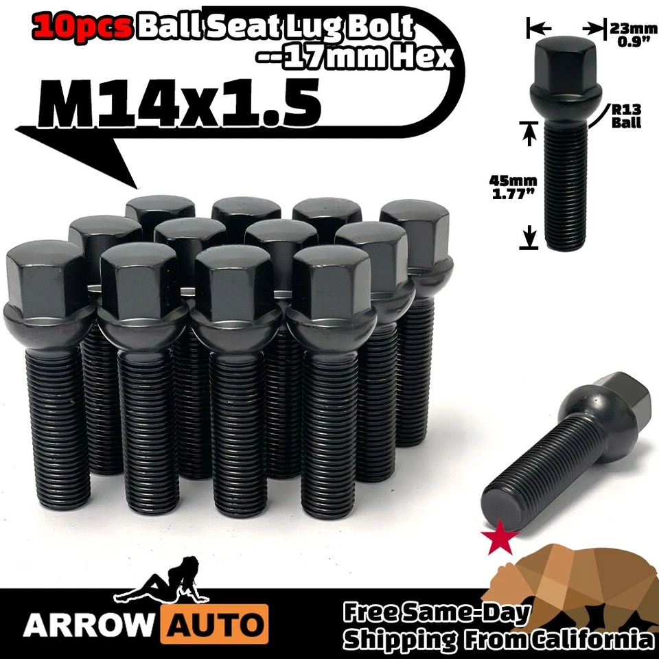 10x Black 14x1.5 Lug Bolt 45mm Fit C300/GLA250 &Mercedes StockRim 15-20mm Spacer - Image 1 of 4