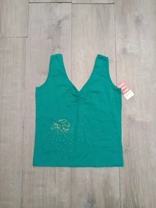 Vintage Esprit Jade Green Tank top Embellished Floral Stretch NWT - Picture 1 of 7