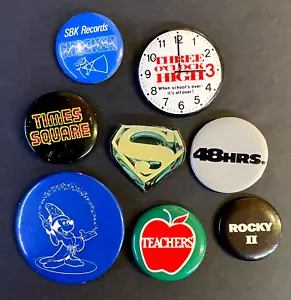 8 VINTAGE 1970s+1980s MOVIE PROMO PINS Teachers+Superman+Rocky II+Craven+Disney - Picture 1 of 9