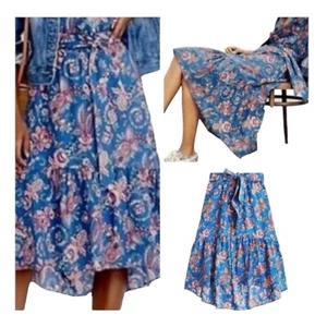 Falda J Crew WMNS 12 Azul Floral Cintura Corbata Midi Liberty Belle K7713 Volantes - Imagen 1 de 13