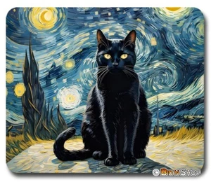 Van Gogh Starry Night & Black Cat - Mouse Pad / PC Mousepad - Fun Art Meme GIFT - Picture 1 of 2