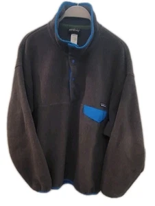Vtg Patagonia 90s Synchilla Two Tone Snap T Fleece Jacket Size LARGE Grey Blue - Picture 1 of 16