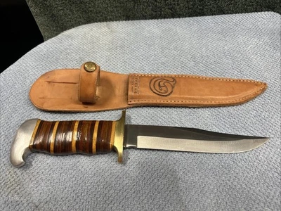 复古刀 定制 巨大 12 英寸 Bowie 狩猎皮革鞘 堆叠手柄 阅读! — 第 1/4 张图片