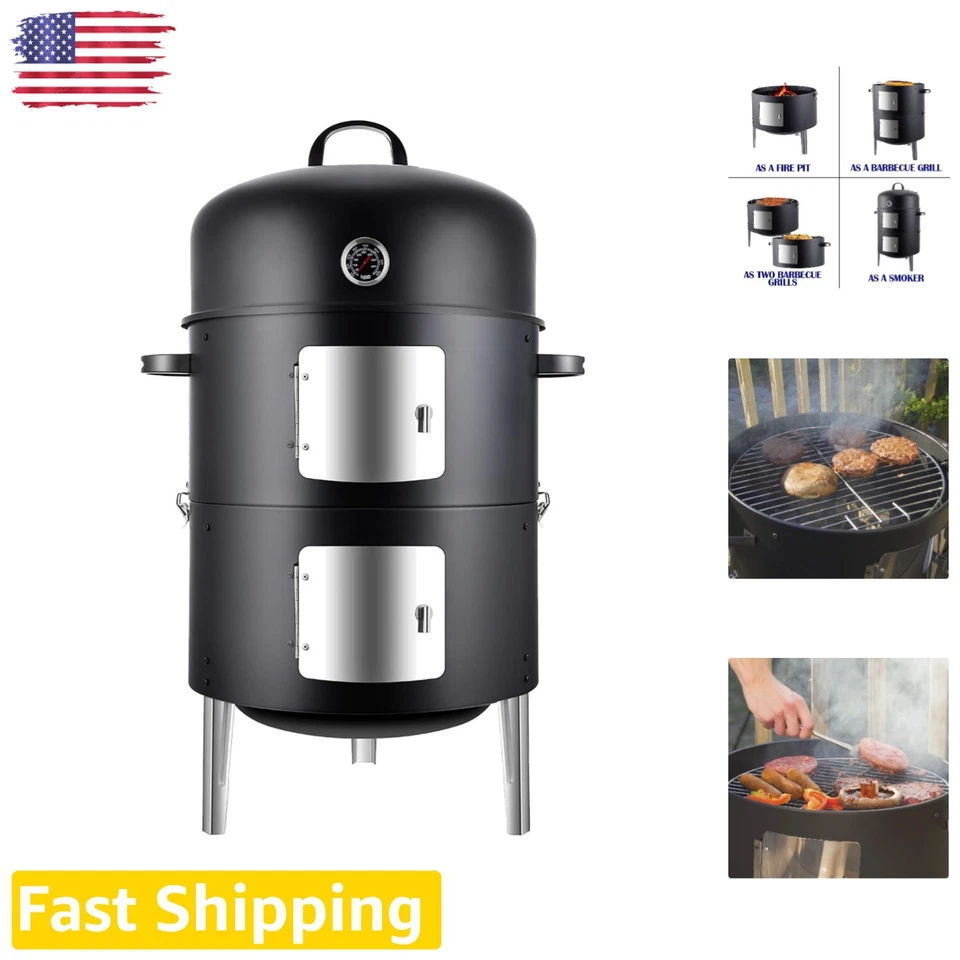 Realcook Vertical 17inch Steel Charcoal Smoker Heavy Duty Round BBQ Grill Black