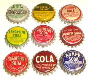 Vintage Lot of 9 NOS Soda Bottle Caps Lemon-Lime, Grapefruit, Cherry, Punch Etc. - Picture 1 of 3