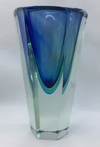 Vintage Murano Sommerso Hexagon Blue/Green Vase 8.5” Tall - Picture 1 of 11