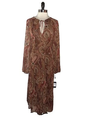 NEW TOMMY HILFIGER Plus Size 22W A-Line Dress Brown Rust Paisley Long Sleeve - Image 1 of 4