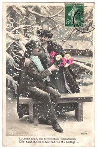 Schneefall Echt Foto AK Paar °1908 französisch romantisch handgetönt RPPC - Bild 1 von 2