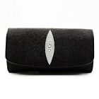New Black Genuine Leather Stingray Skin Women Tri-fold Clutch Wallet Purse.