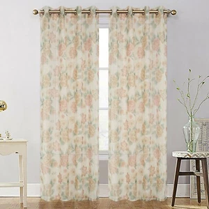 Juego de 2 paneles cortinas de panel de cortina de ventana superior con ojal de flor transparente de gasa, 281019 - Imagen 1 de 6