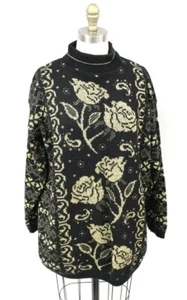 Vintage 80s 90s Metallic Gold/Black Floral Sweater Retro Glam Oversized Knit O/S - Picture 1 of 4