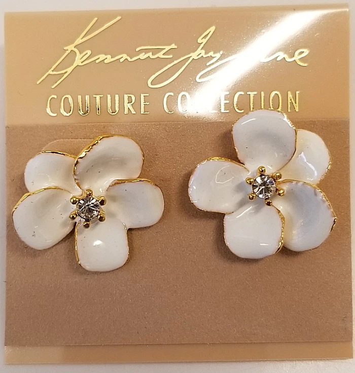 Kenneth Jay Lane Gold Plated Glass Crystal White Flower Pierced Earrings - Image 1 of 1